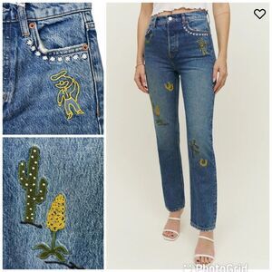 NEW Reformation Handicraft Embroidered High Rise Straight Jeans Juno Size 23